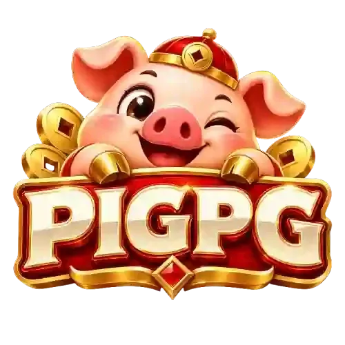 โลโก้ PIGPG บนพื้นโปร่งใส ด้านบนเป็นหัวหมูการ์ตูนสีชมพูแก้มแดง ขยิบตาและยิ้มกว้าง สวมหมวกทรงจีนสีแดงที่มีเหรียญทองกลางหมวกและยอดทรงกลมสีทองด้านบน รอบหัวหมูมีเหรียญทองและก้อนทองวางเรียงเป็นพัด ด้านล่างเป็นป้ายแล็กเกอร์สีแดงขอบทองหนา คาดคำว่า PIGPG ด้วยตัวอักษรหนาสามมิติสีครีมงาช้าง และมีพลอยสีแดงทรงข้าวหลามตัดอยู่ใต้ป้าย