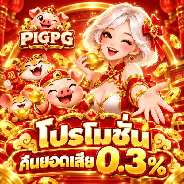 ภาพโปรโมชั่นคืนยอดเสียของ PIGPG เป็นงานอาร์ตสี่เหลี่ยมจัตุรัสโทนแดงเข้มสลับทองแบบตรุษจีน พื้นหลังมีเหรียญทองและก้อนทองปลิวกระจายทั่วภาพ มุมซ้ายบนเป็นโลโก้ PIGPG ที่เป็นหัวหมูการ์ตูนสวมหมวกจีนสีแดงติดเหรียญทอง วางอยู่เหนือป้ายแล็กเกอร์สีแดงขอบทองหนาที่เขียนชื่อแบรนด์ด้วยตัวอักษรสามมิติสีครีมงาช้าง ด้านซ้ายของภาพเป็นลูกเสือถือซองอั่งเปาสีแดงมีอักษรฮก หนูถือก้อนทอง และหมูสวมหมวกจีนสีแดง ทั้งสามตัวหัวเราะอยู่ด้วยกัน ด้านขวาเป็นหญิงสาวผมสั้นสีขาวเงินสวมชุดกี่เพ้าสีแดงสลับทอง มือข้างหนึ่งถือก้อนทองและอีกข้างยื่นออกมา ด้านล่างของภาพเป็นคำว่า โปรโมชั่น ตัวอักษรสามมิติสีทองขนาดใหญ่บนป้ายรูปก้อนเมฆสีแดง ใต้ลงมาเป็นคำว่า คืนยอดเสีย คู่กับเลข 0.3% ตัวทองขนาดใหญ่เป็นพิเศษ